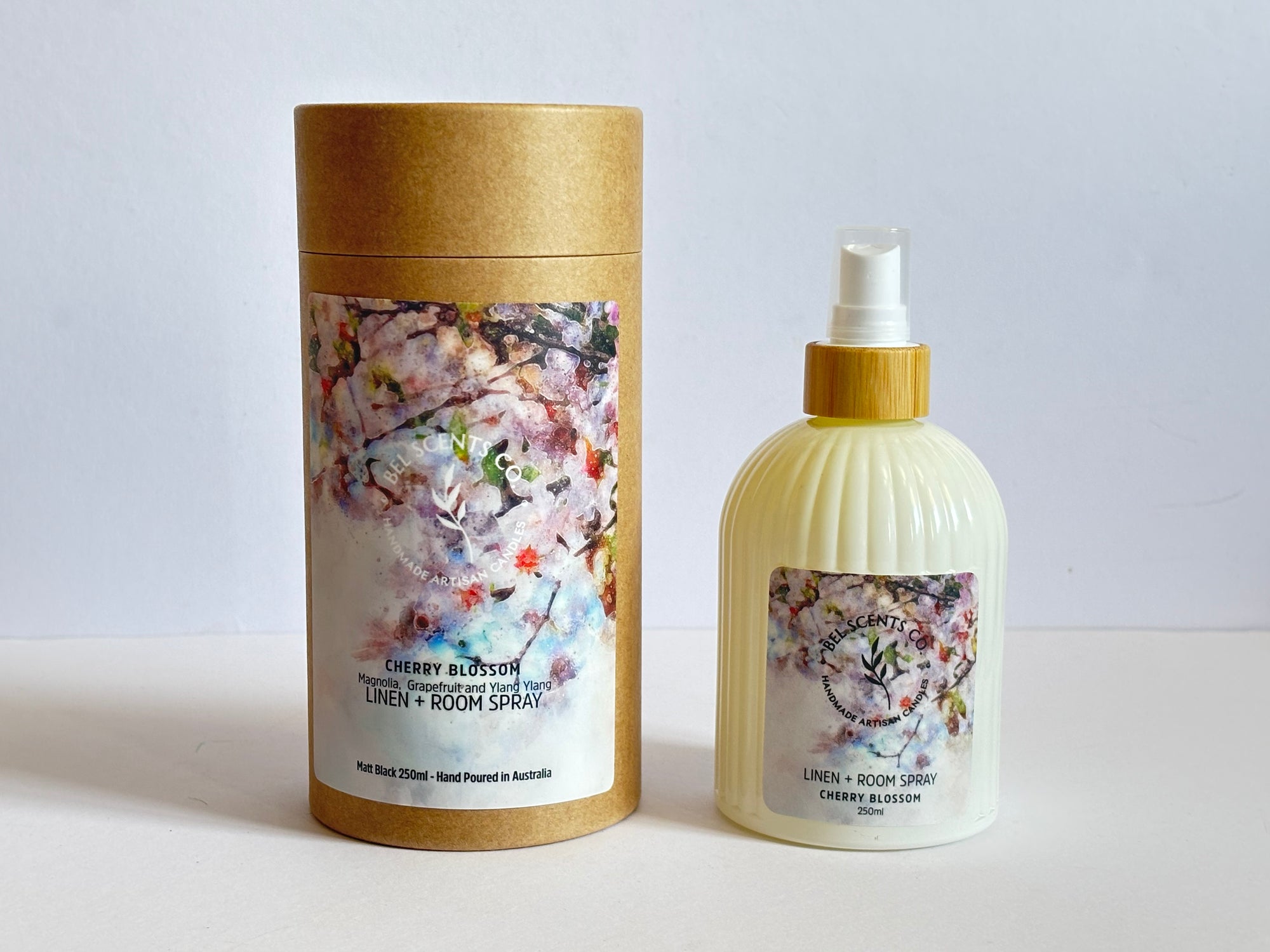 Natural linen and room spray in 250ml. Cherry Blossom scented room spray. hand-poured in Melbourne. Minimalist room spray for home fragrance in recyclable glass packaging.made with botanical ingredients. Our Fabric spray is a great pillow mist with aromatherapy purpose fit sprays. Great Air fresheners for your home fragrance. Made with pure essential oils making it a perfect essential oil spray gift. Make Cherry Blossom Scented Spray apart of your everyday room mist.