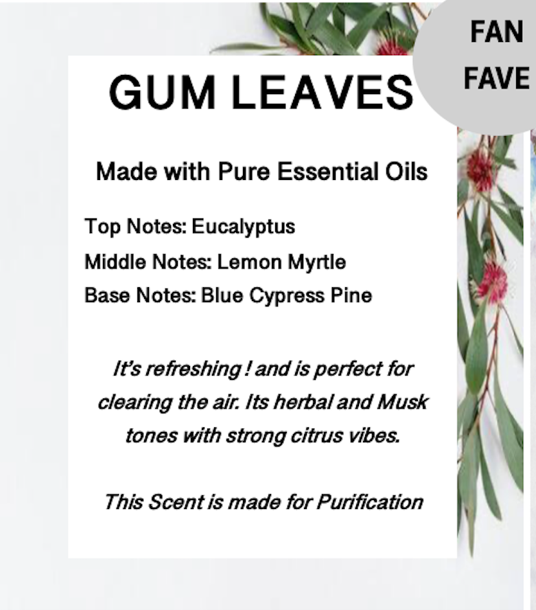 Profile to our signature Gum Leaves Australian bush scented fragrance. Made with Pure Essential oils