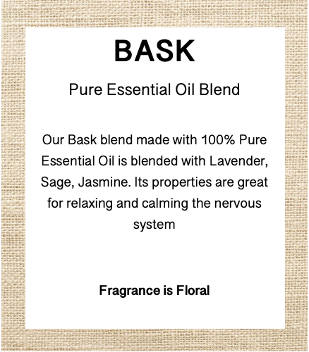 Bask Pure Essential Oil Blend description card with text about the blend's ingredients and properties.
Details