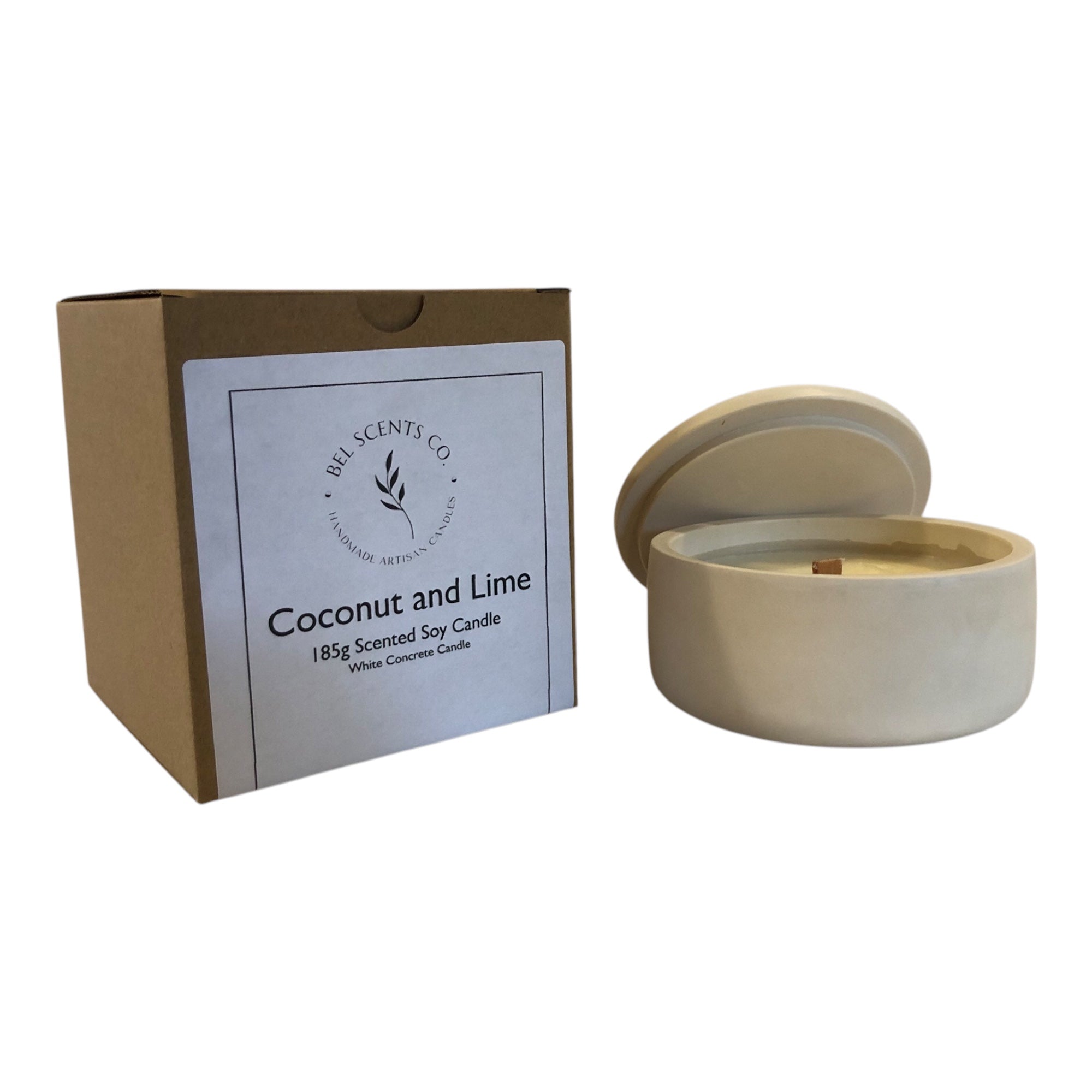 Minimalist white soy candle in a smooth concrete vessel, displayed on a white background.