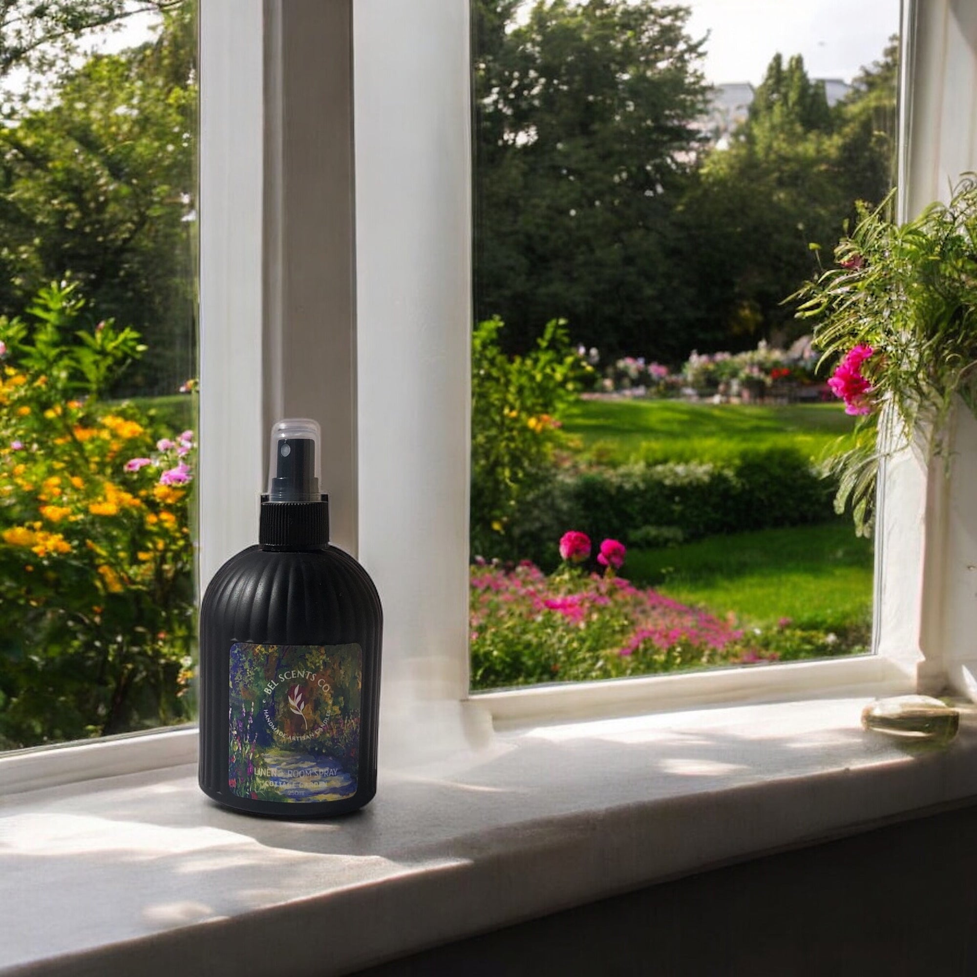 Cottage garden scented room spray. Australian made room spray, made for herbal aromatherapy sprays and formulated for a calming linen spray. Made with botanical ingredients for a cozy home scent. use as a bathroom spray or Fabric spray is a great pillow mist with aromatherapy purpose fit sprays. Great Air fresheners for your home fragrance. Plant based and eco friendly product locally made with Artisan spray scents. Room spray in window sill in a beautiful garden setting