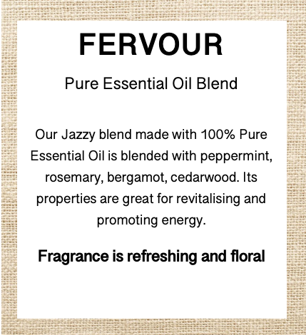 Product label for 'Fervour' pure essential oil blend with description of ingredients and properties.