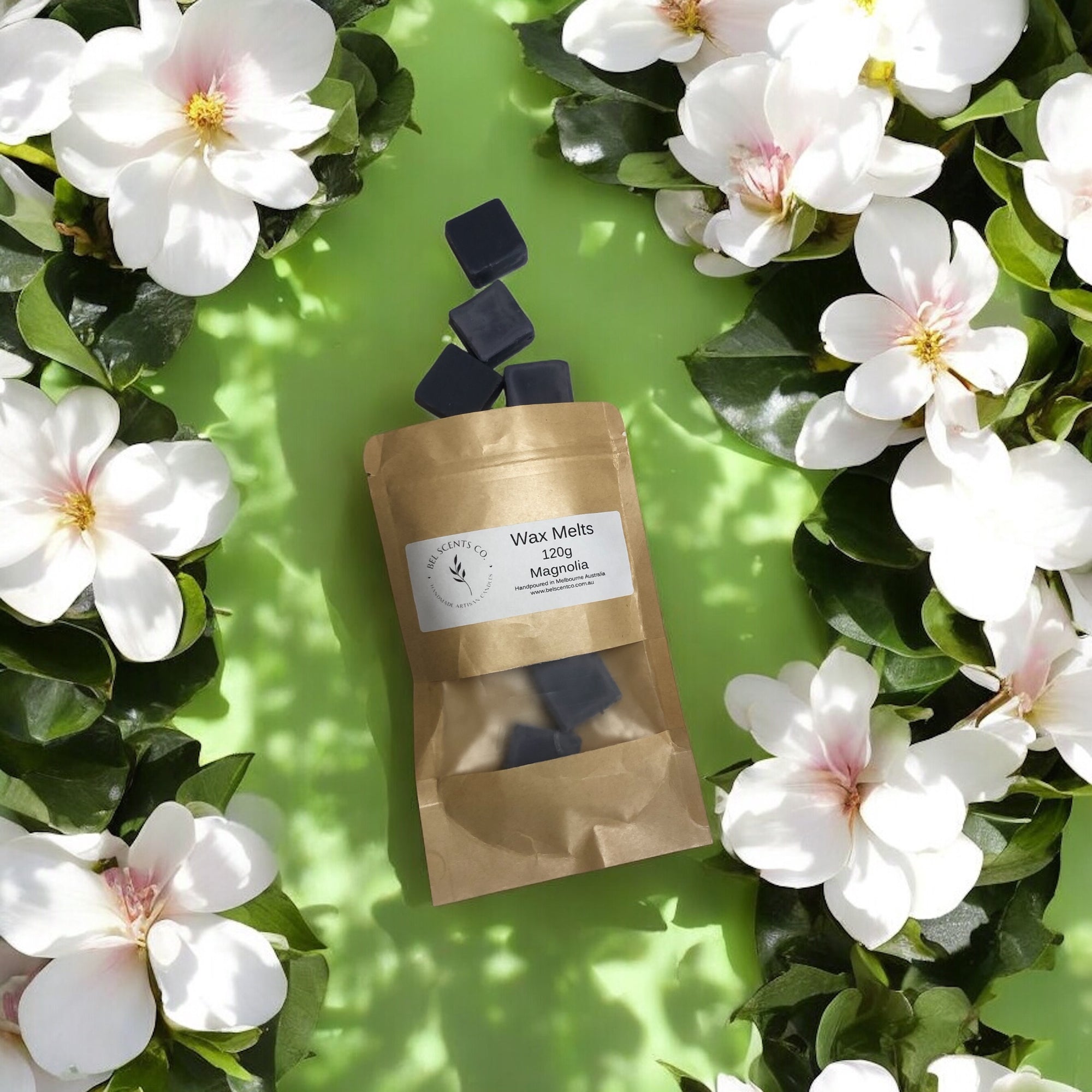 Hand-poured square wax melts in refreshing Floral scent made from Magnolia Pure Essential Oil, neatly arranged on a Botanical Background – ideal for home fragrance lovers