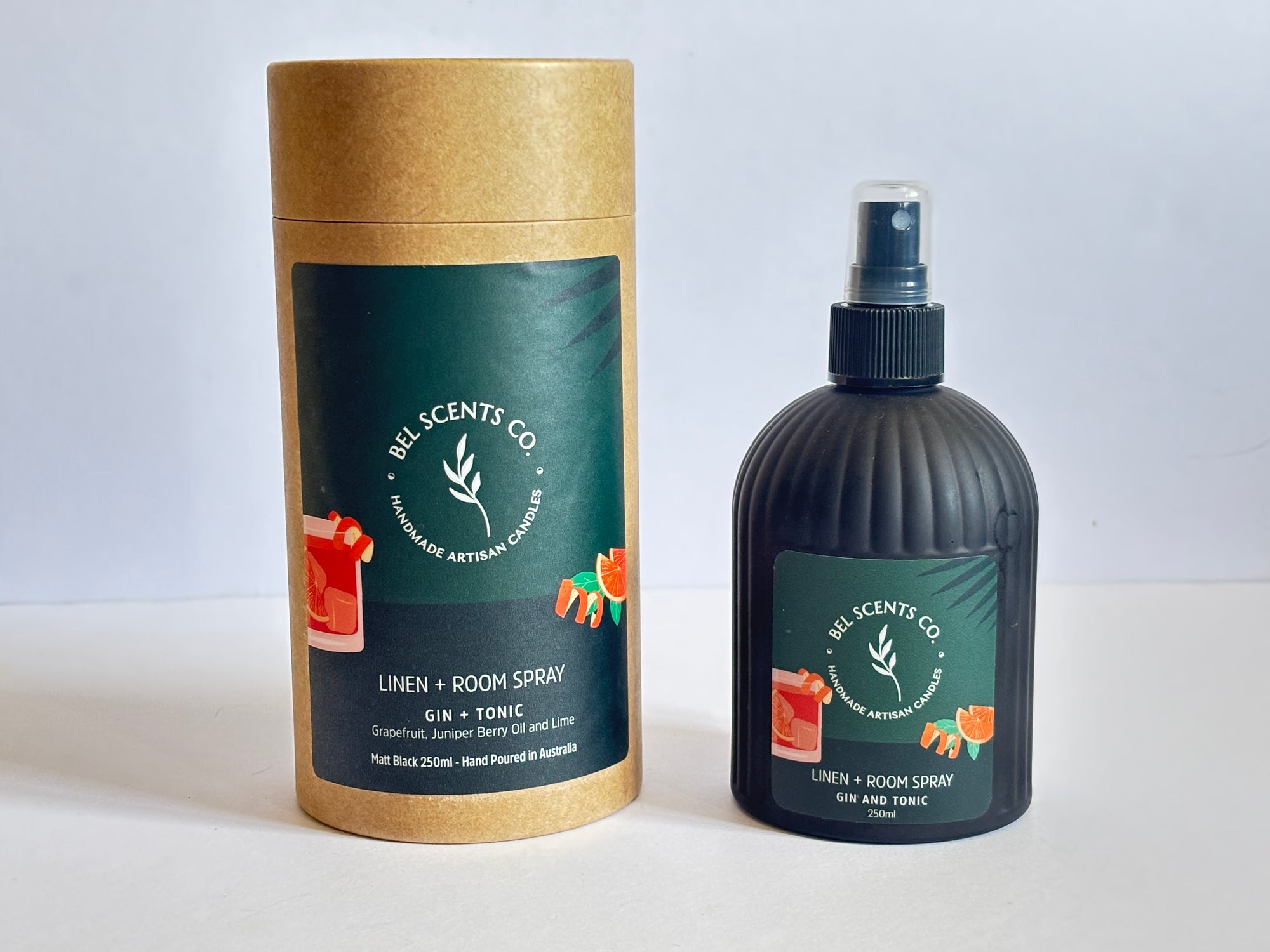 Natural linen and room spray in 250ml bottle, Gin and Tonic Inspired Cocktail scents Aroma Essential Oil blend. hand-poured in Melbourne. Minimalist room spray for home fragrance in recyclable glass packaging.made with botanical ingredients. Our Fabric spray is a great pillow mist with aromatherapy purpose fit sprays. Great Air fresheners for your home fragrance. Made with pure essential oils making it a perfect essential oil spray gift. Make our Gin and Tonic Scented Spray apart of your home decor.