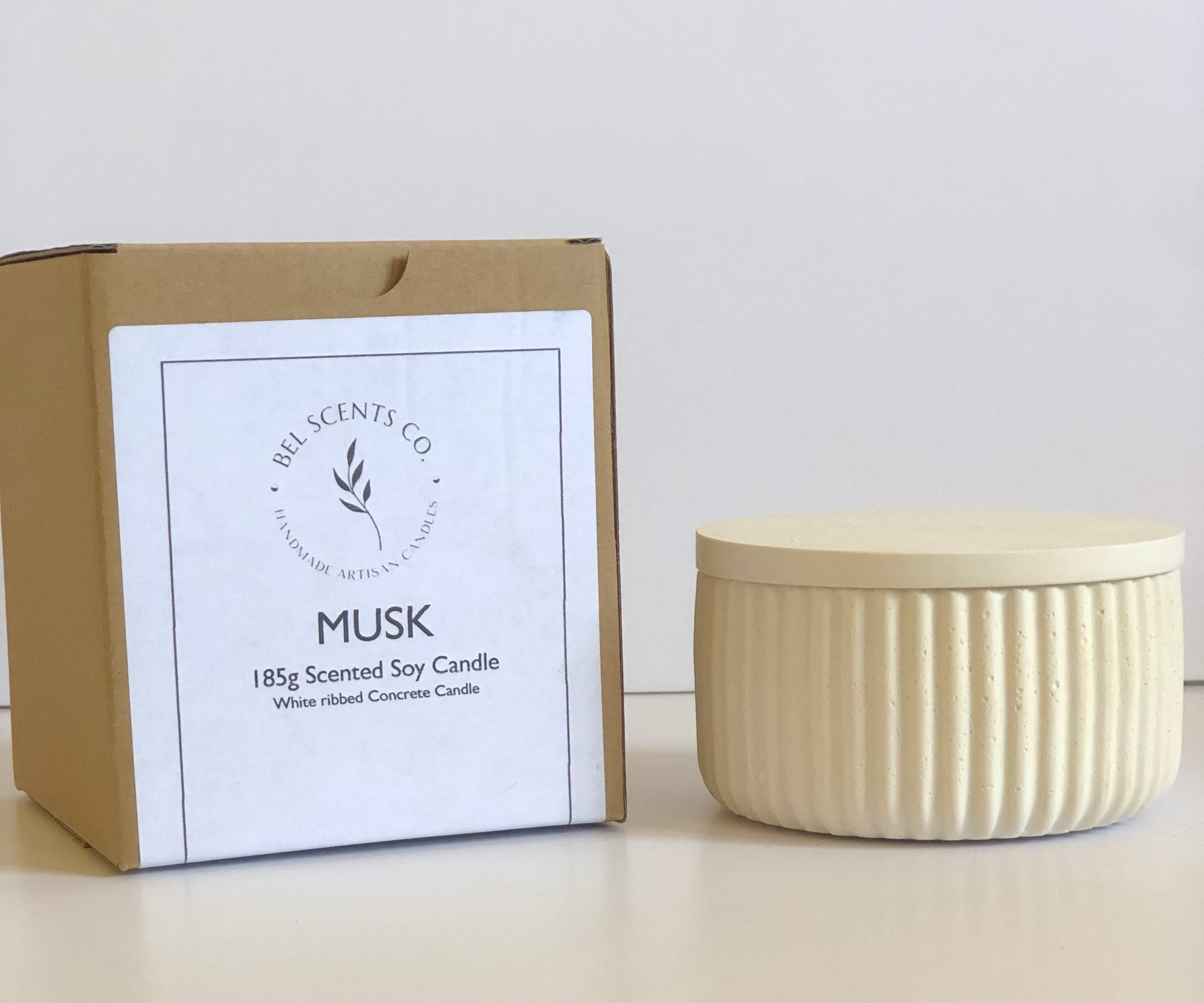 White Concrete Candle  Minimalist Ribbed Design