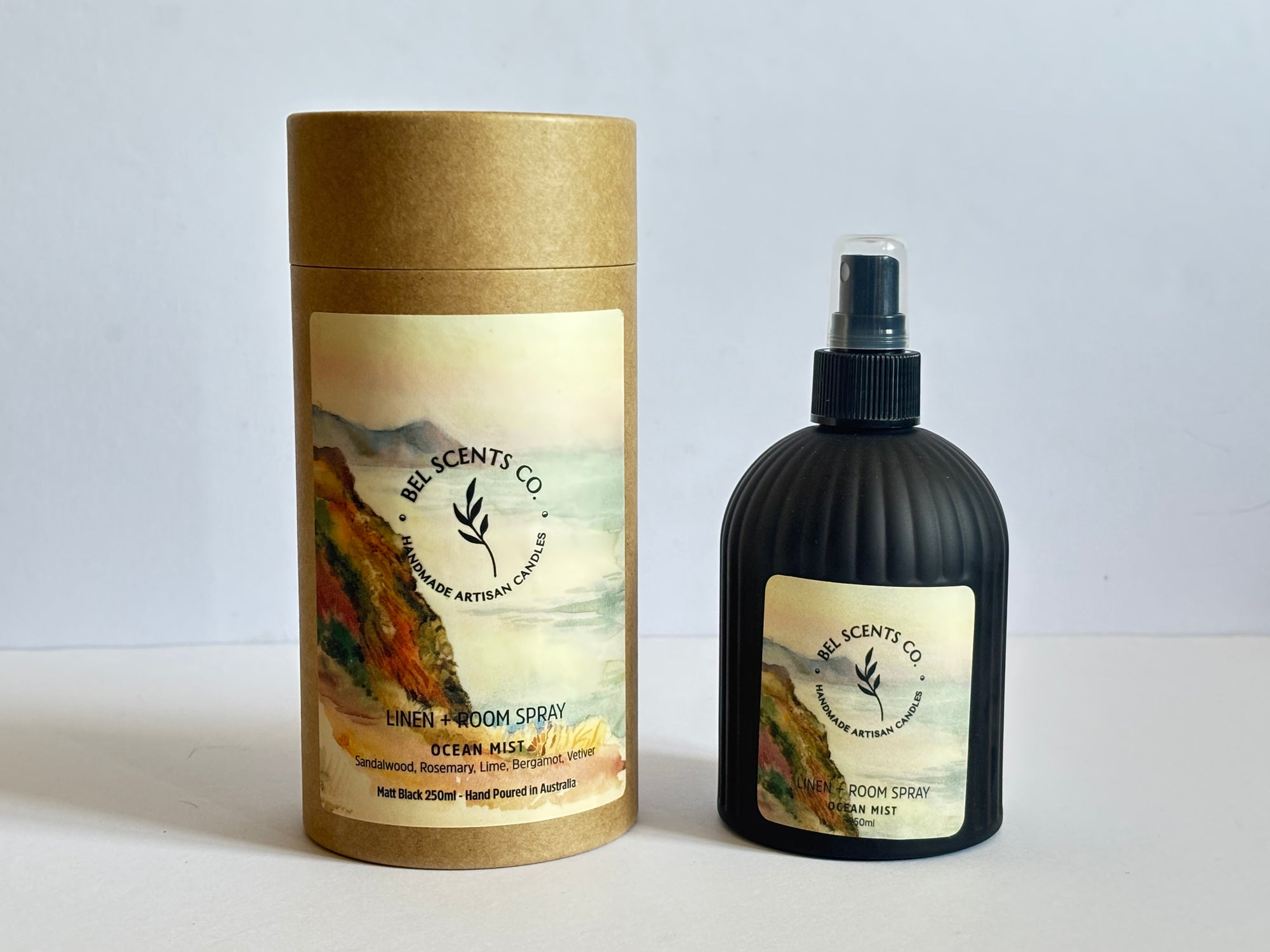 Natural linen and room spray in 250ml bottle, Ocean Mist  Essence of  Essential Oil blend. hand-poured in Melbourne. Minimalist room spray for home fragrance in recyclable glass packaging.made with botanical ingredients. Our Fabric spray is a great pillow mist with aromatherapy purpose fit sprays. Great Air fresheners for your home fragrance. Made with pure essential oils making it a perfect essential oil spray gift. Make our Ocean Mist Scented Spray apart of your home decor.