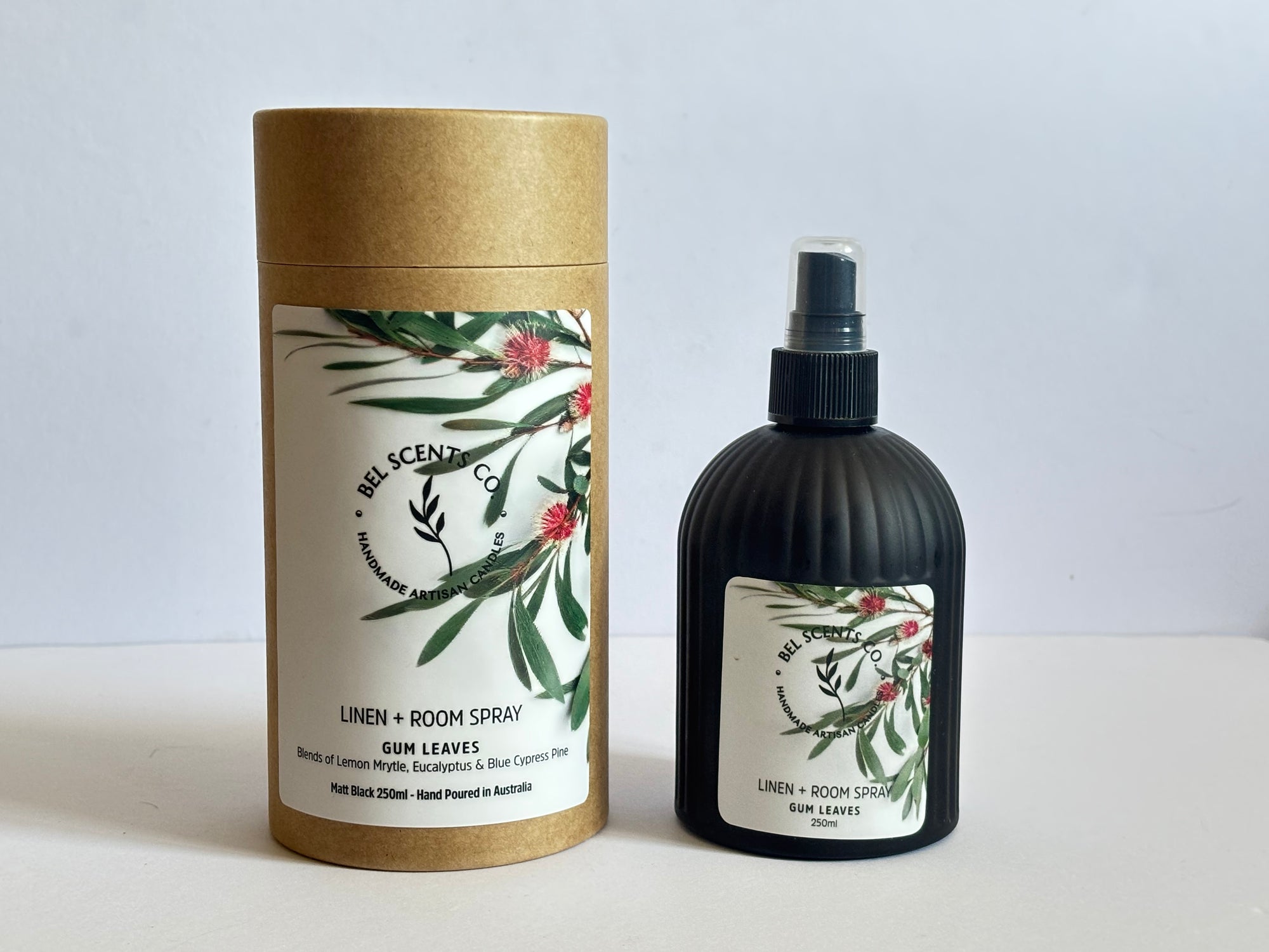 Natural linen and room spray in 250ml bottle, Australiana scent with Eucalyptus and Lemon Myrtle Essential Oil hand-poured in Melbourne. Minimalist room spray for home fragrance in recyclable glass packaging.made with botanical ingredients. Our Fabric spray is a great pillow mist with aromatherapy purpose fit sprays. Great Air fresheners for your home fragrance. Made with pure essential oils making it a perfect essential oil spray gift. Make our Gum Leaves Australiana Scented Spray apart of your home decor.