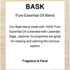 Bask Pure Essential Oil Blend description card with text about the blend's ingredients and properties.
Details