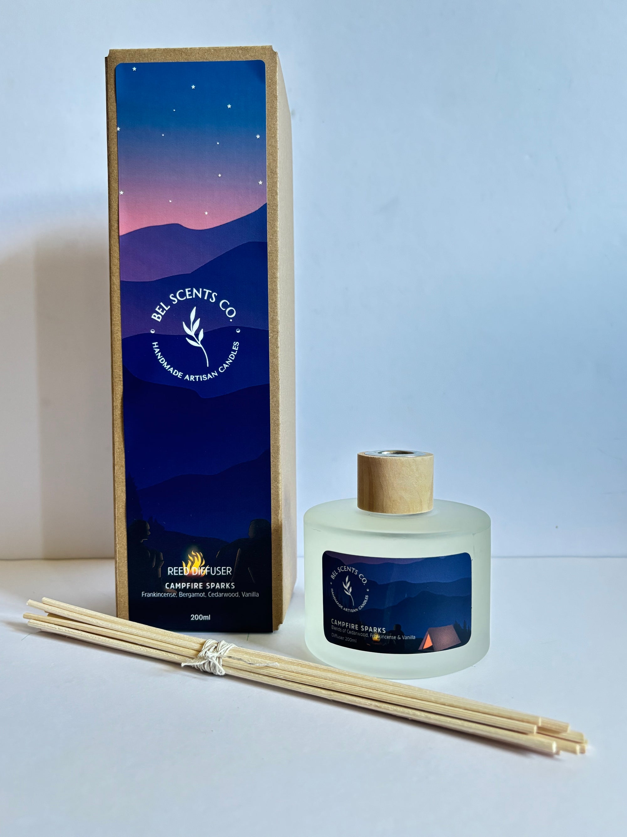 Campfire Sparks evokes Vanilla and Frankincense pure essential oil blend. Natural non-toxic scented home fragrance. Perfectly crafted for home decor and gifting. Mens Gifting ideas. The best smelling scented home fragrance. Crafted in Australia. From Natural Ingredients. Vegan Friendly. pure scents.
