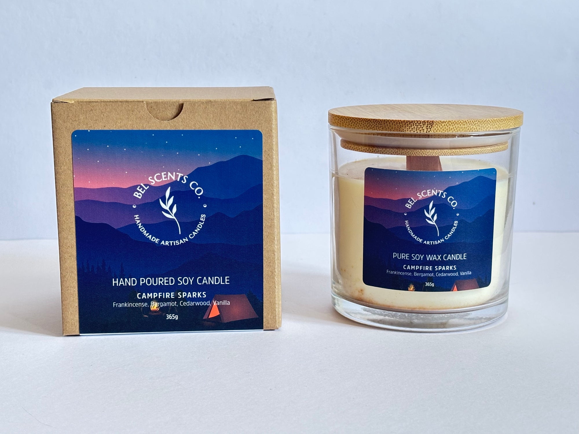 Campfire Sparks Scented Candle. Made with pure essential oils. Blends of Frankincense and Vanilla, Bergamot and Cedarwood. Beautifully crafted in Australia in our candle making warehouse. Designed to complement the Home Decor and interior design trends. Crafted from Pure Soy Wax and Natural Oils this Natural Candle is sustainable and vegan friendly Candle. Great gifts for women ir birthday gifts. Gifts for men. Our Candles are crafted with purpose and aromatherapy purposes. 