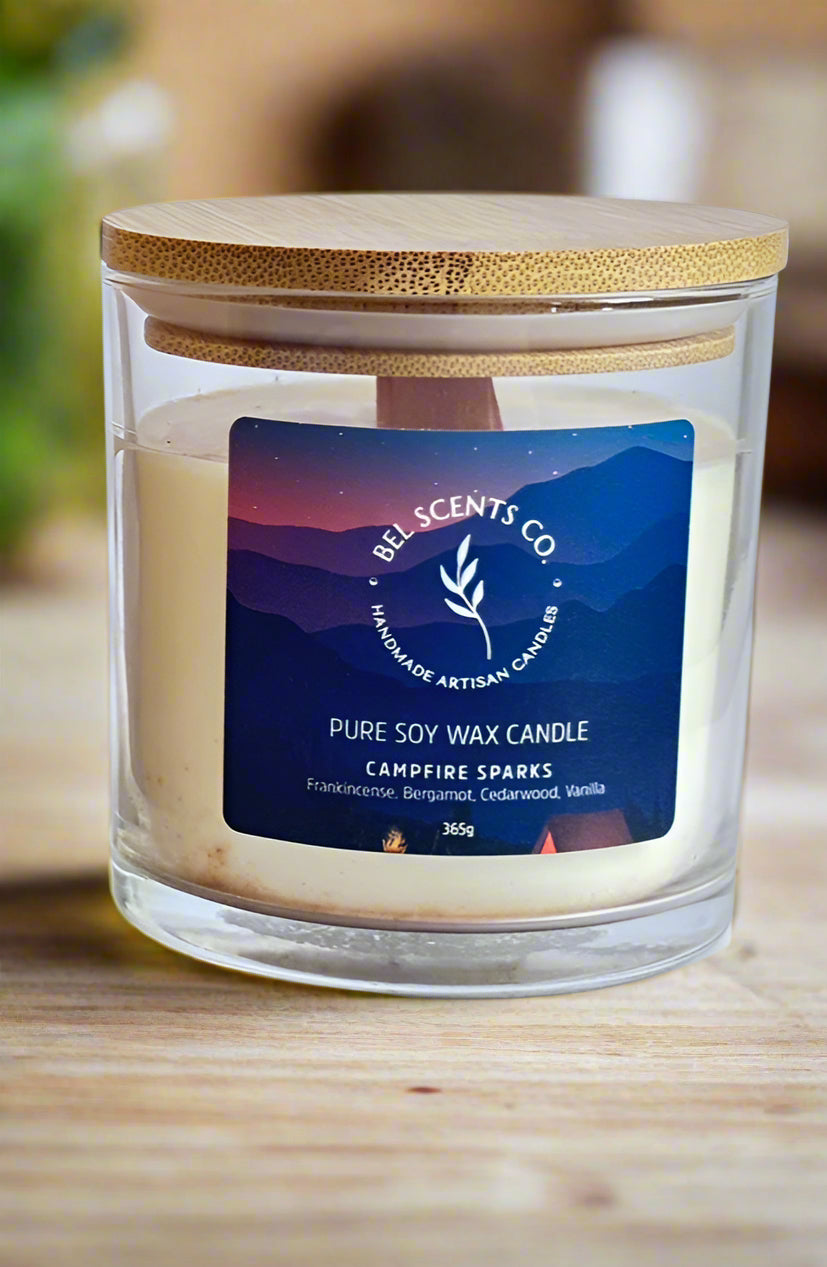 Campfire Sparks Scented Candle. Made with pure essential oils. Blends of Frankincense and Vanilla, Bergamot and Cedarwood. Beautifully crafted in Australia in our candle making warehouse. Designed to complement the Home Decor and interior design trends. Crafted from Pure Soy Wax and Natural Oils this Natural Candle is sustainable and vegan friendly Candle. Great gifts for women ir birthday gifts. Gifts for men. Our Candles are crafted with purpose and aromatherapy purposes. 