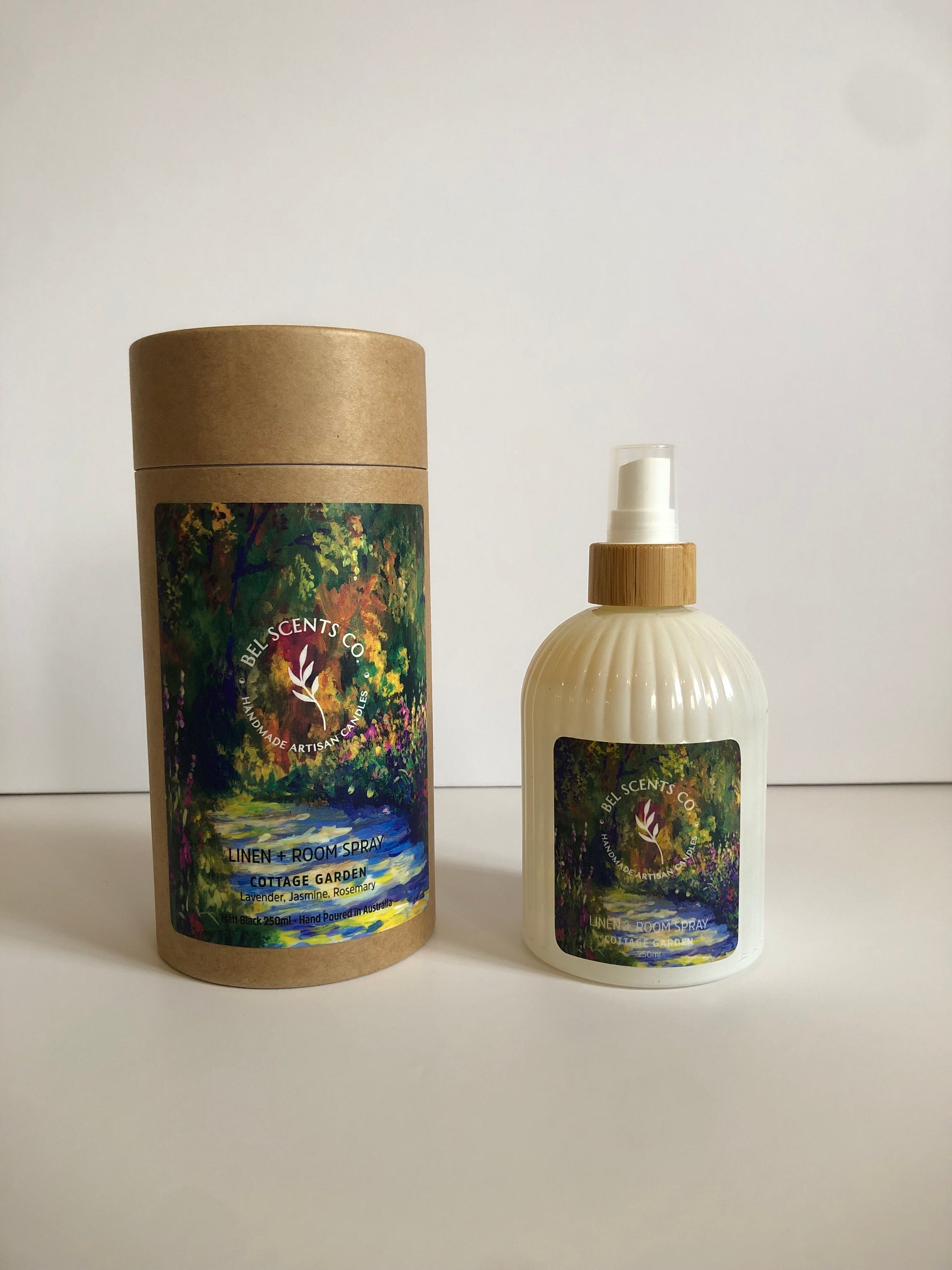 ottle and cylindrical container with nature-themed design on a white background