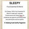 Product description card for 'Sleepy' pure essential oil blend with text details.