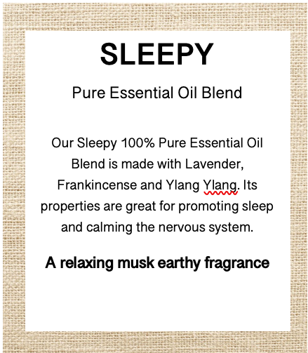 Product description card for 'Sleepy' pure essential oil blend with text details.