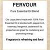 Product label for 'Fervour' pure essential oil blend with description of ingredients and properties.