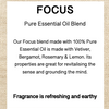 Product label for 'Focus' pure essential oil blend with text about ingredients and properties.
Details