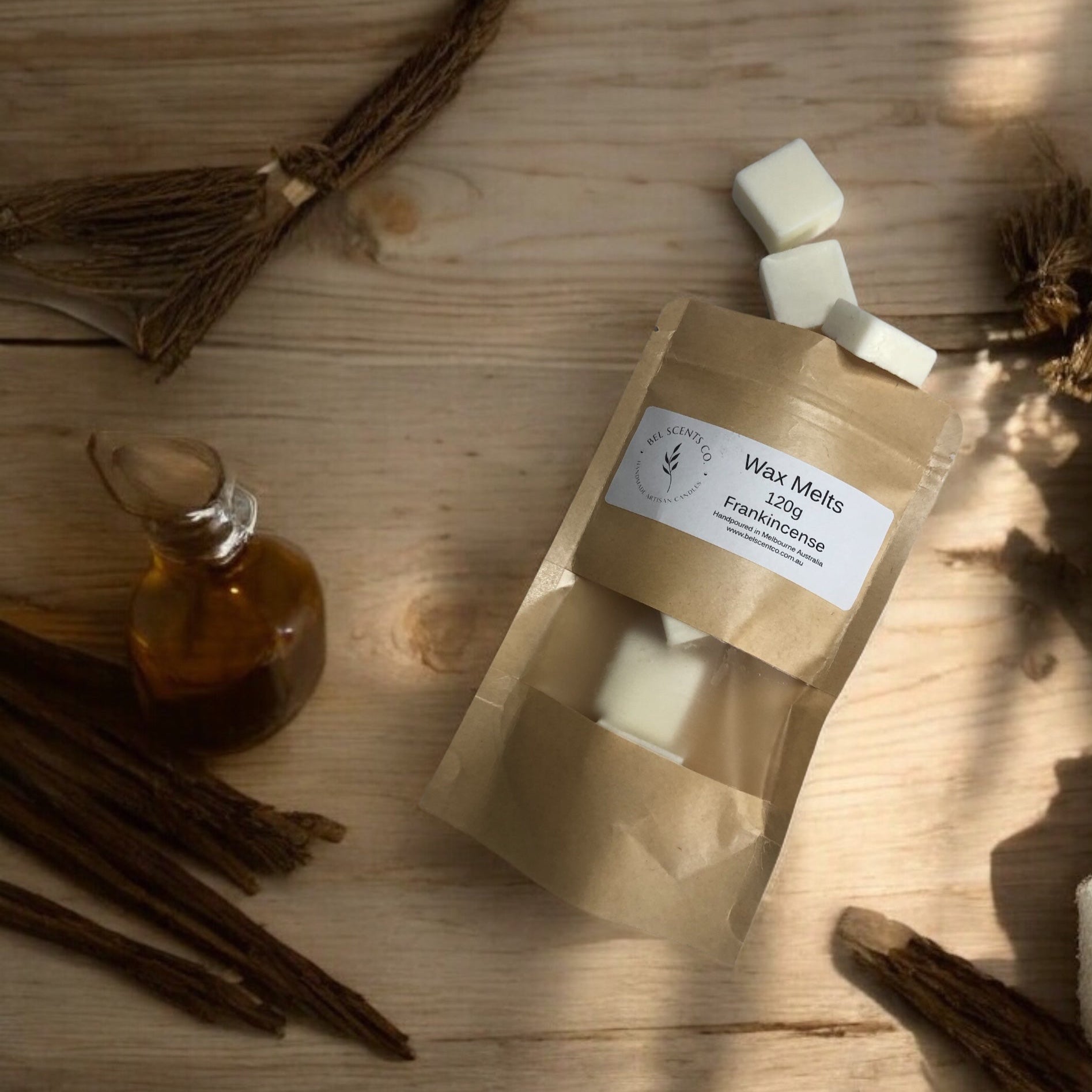 Hand-poured square wax melts in Soft Pleasing aroma of frakincense scent, neatly arranged on a Botanical Background – ideal for home fragrance lovers