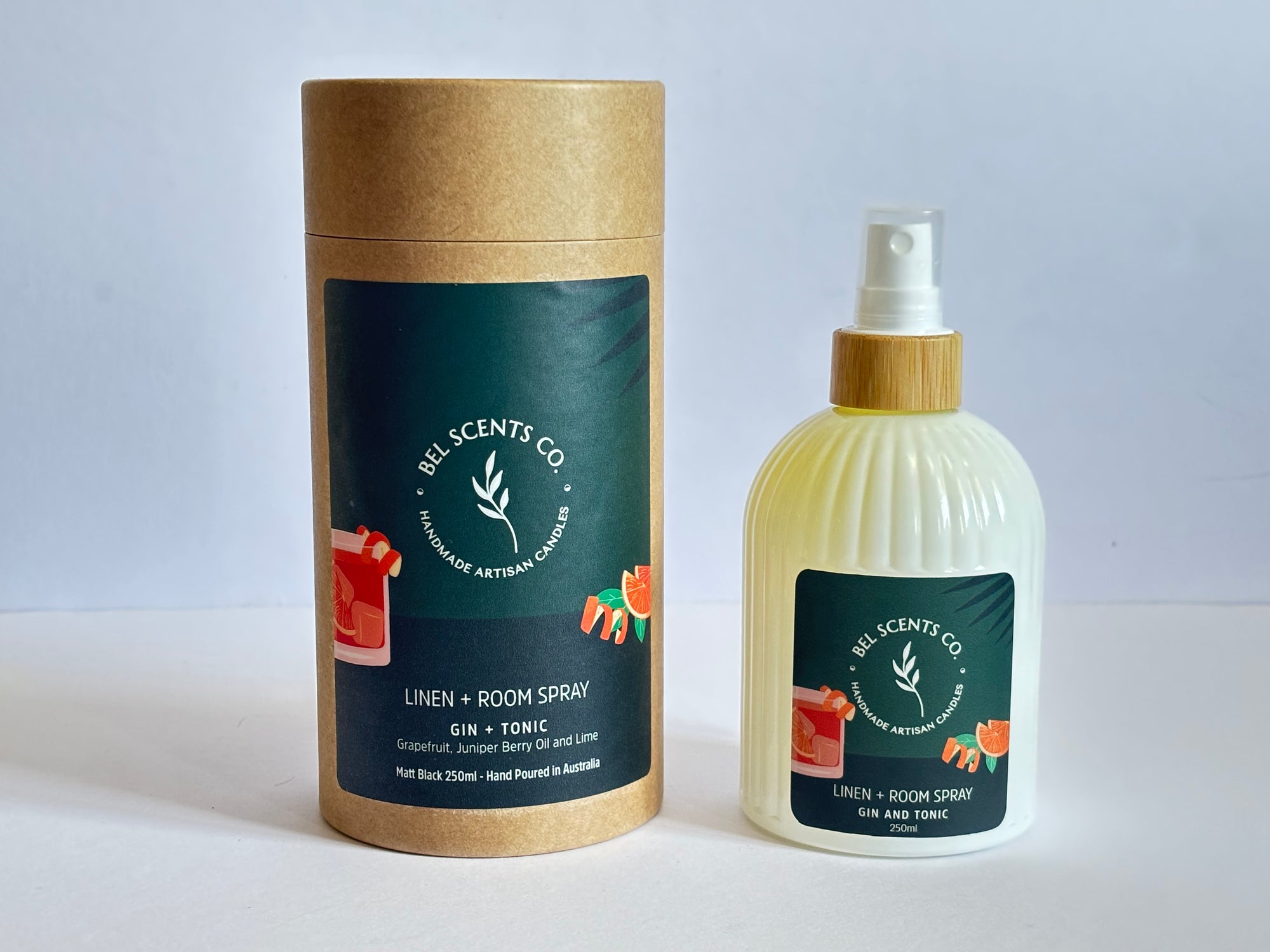 Natural linen and room spray in 250ml bottle, Gin and Tonic Inspired Cocktail scents Aroma Essential Oil blend. hand-poured in Melbourne. Minimalist room spray for home fragrance in recyclable glass packaging.made with botanical ingredients. Our Fabric spray is a great pillow mist with aromatherapy purpose fit sprays. Great Air fresheners for your home fragrance. Made with pure essential oils making it a perfect essential oil spray gift. Make our Gin and Tonic Scented Spray apart of your home decor.