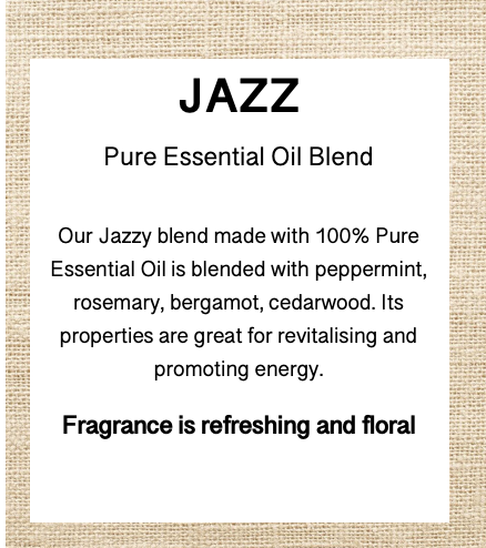 Product description card for 'Jazz' pure essential oil blend with text on a beige background.
Details