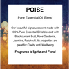 Product description card for 'POISE' pure essential oil blend with a blurred background