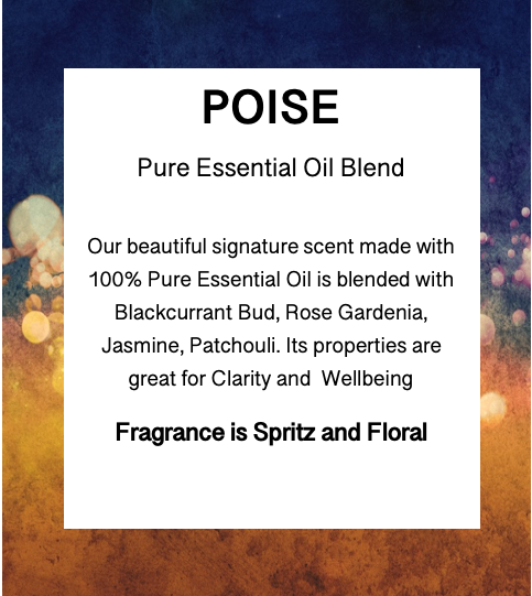 Product description card for 'POISE' pure essential oil blend with a blurred background