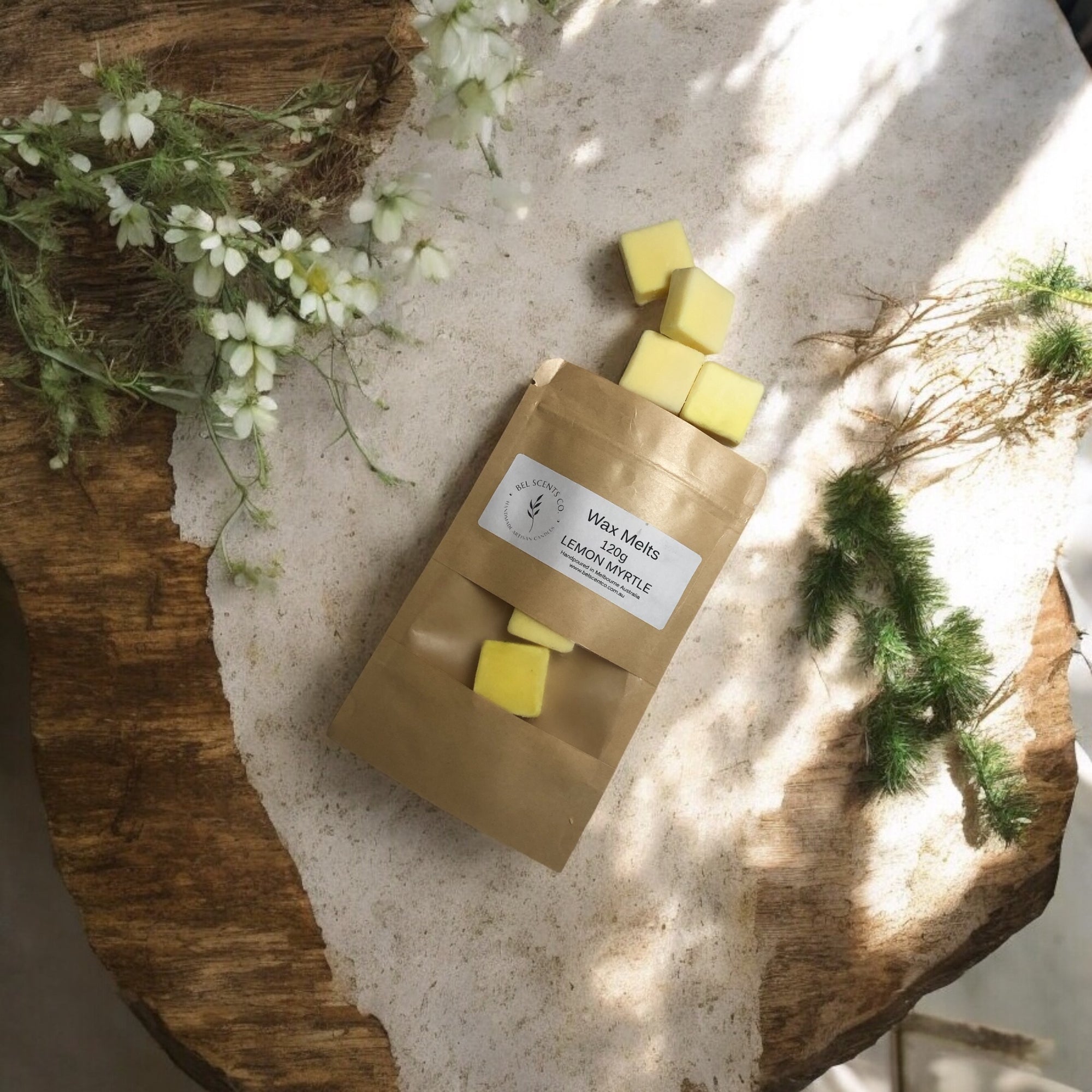 Hand-poured square wax melts in refreshing Lemon Myrtle scent, neatly arranged on a Botanical Background – ideal for home fragrance lovers