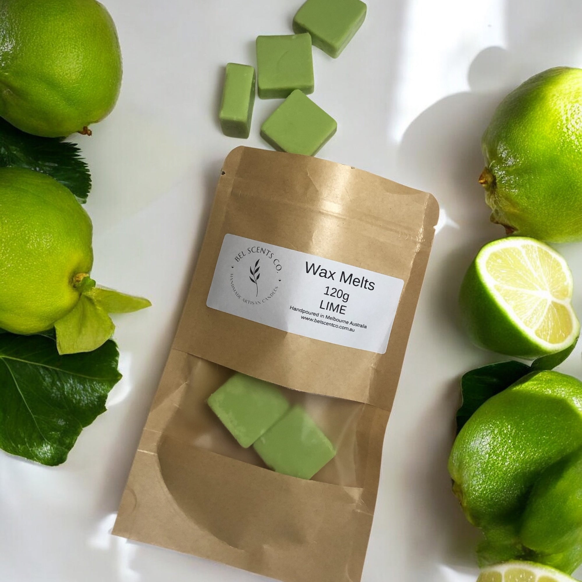 Hand-poured square wax melts in refreshing Lime scent, neatly arranged on a Botanical Background – ideal for home fragrance lovers