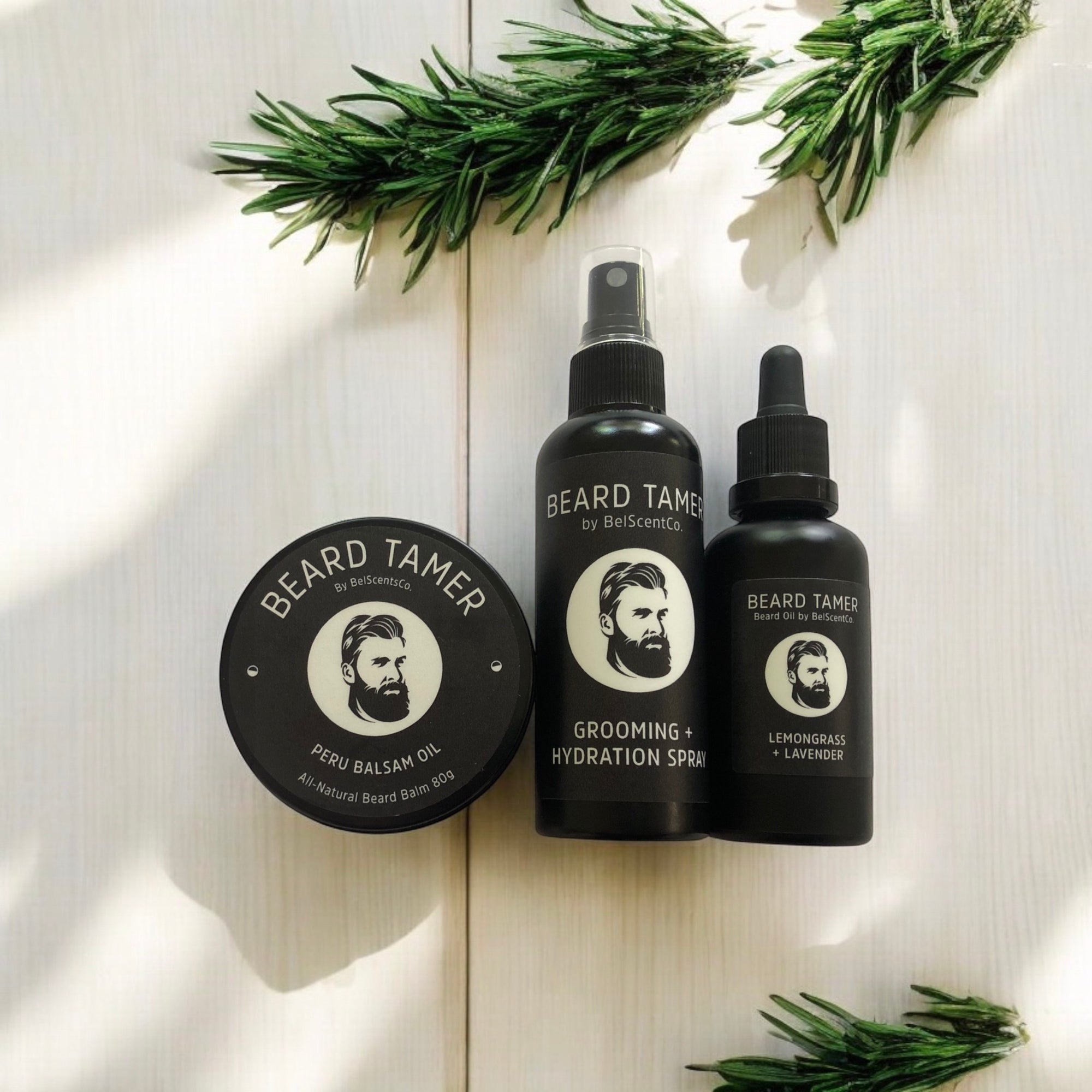 Men's natural beard grooming gift set with beard balm, oil, and wooden comb – ideal for moisturising, styling, and beard care.